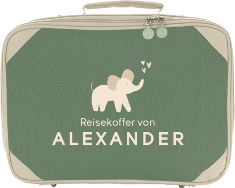Abenteuerlicher Kinderkoffer zum draufsetzen mit Namen und Elefanten