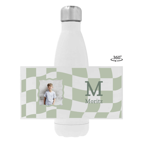 Edelstahl-Trinkflasche mit Foto, Namen und Karomuster