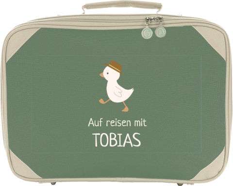 Niedlicher Kinderkoffer mit Namen und Gans mit Hut