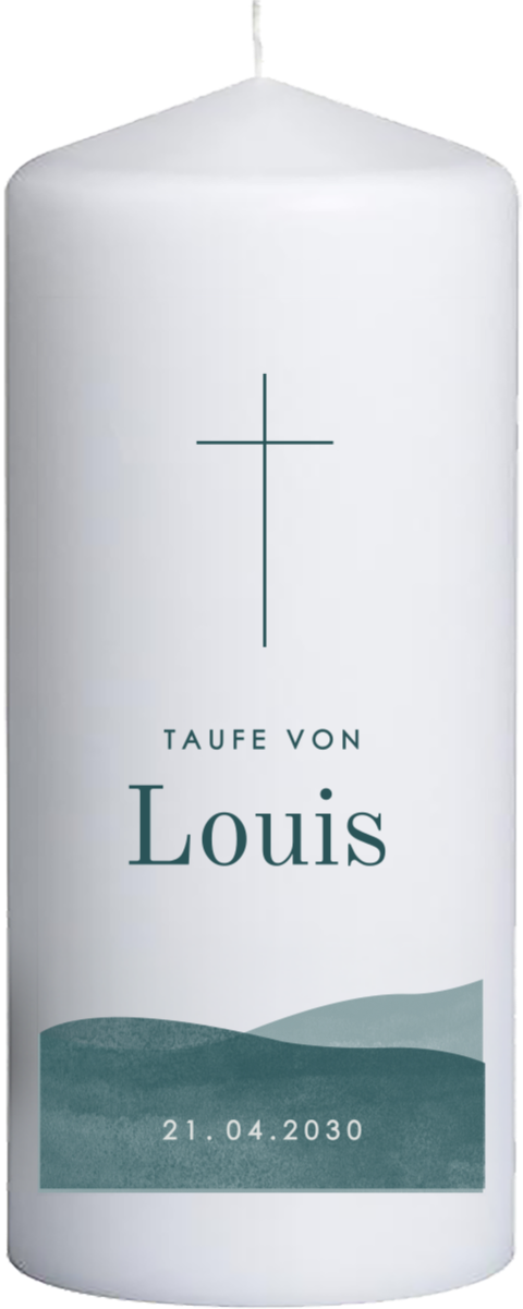 Moderne Taufkerze mit Kreuz und Meereswellen, 20 cm hoch, 8 cm Ø