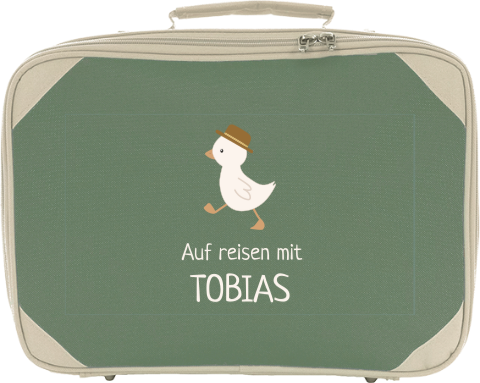 Niedlicher Kinderkoffer mit Namen und Gans mit Hut