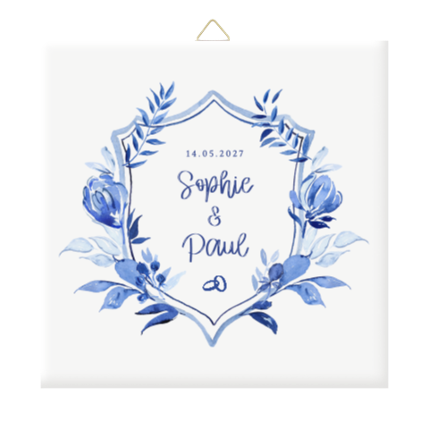 Personalisierte Fliese mit blauem Blumen-Design – Hochzeitsgeschenk