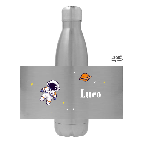 Trinkflasche aus Edelstahl mit Name und Astronaut im Weltraum