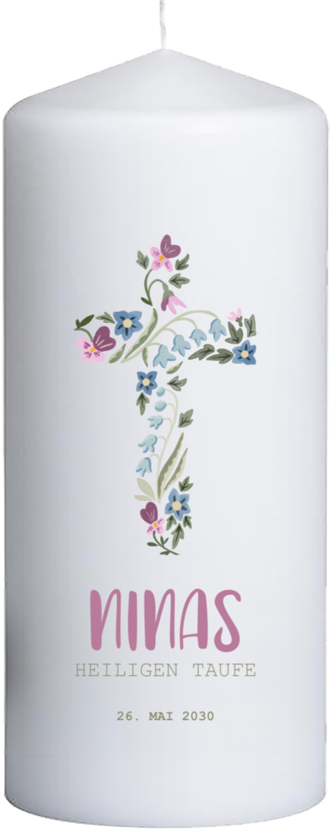 Taufkerze mit Kreuz aus Blumen, 20 cm hoch, 8 cm Ø