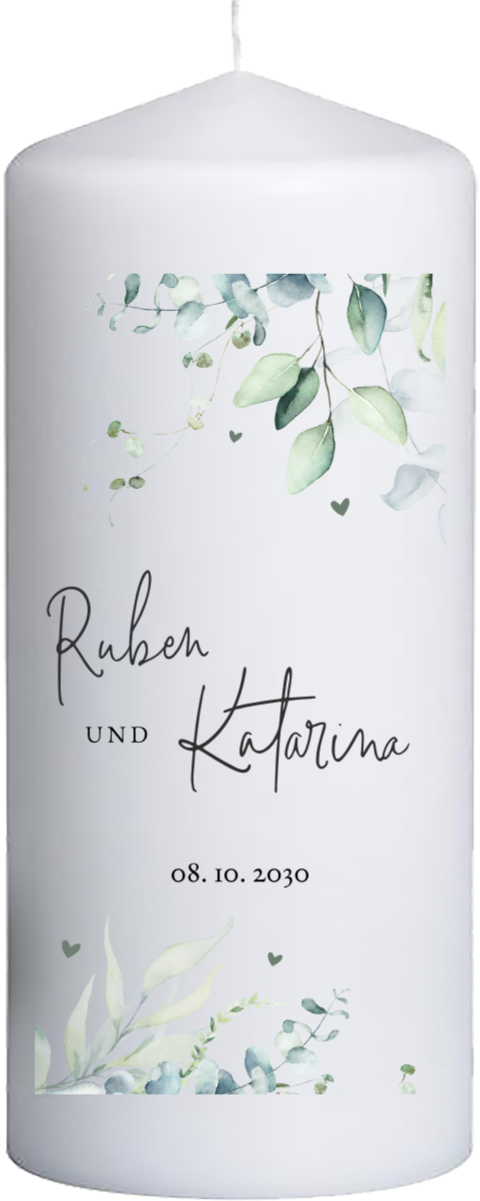 Hochzeitskerze mit Zweigen, feiner Schrift – 20 cm hoch, 8 cm Ø