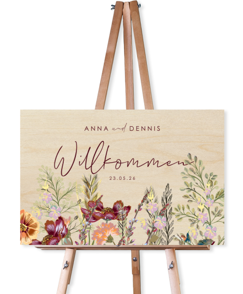 Florales Willkommensschild zur Hochzeit aus Holz mit Feldblumen
