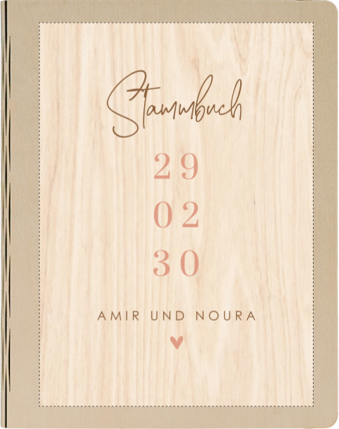 Stammbuch Holz mit Herz in zarten Farben und Hochzeitsdatum
