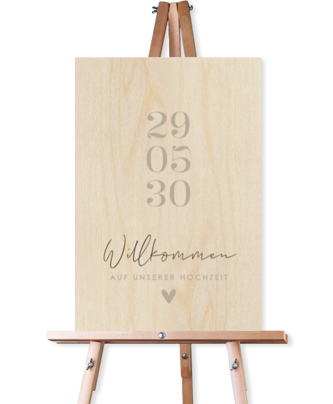 Willkommensschild Hochzeit aus Holz mit Datum und Herzchen