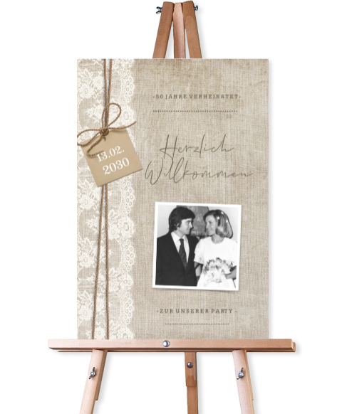 Willkommensschild zur Goldenen Hochzeit im Vintage-Stil mit Foto