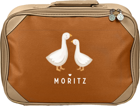 Fröhlicher Kinderkoffer mit Namen, Gänsen und Herzen