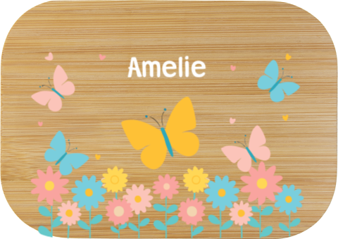 Edelstahl-Brotdose mit Name, Schmetterlingen und Blumen