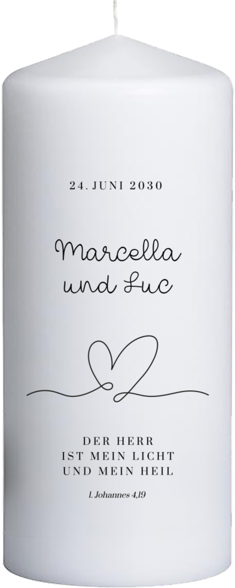 Hochzeitskerze mit gezeichnetem Herz – 20 cm hoch, 8 cm Ø