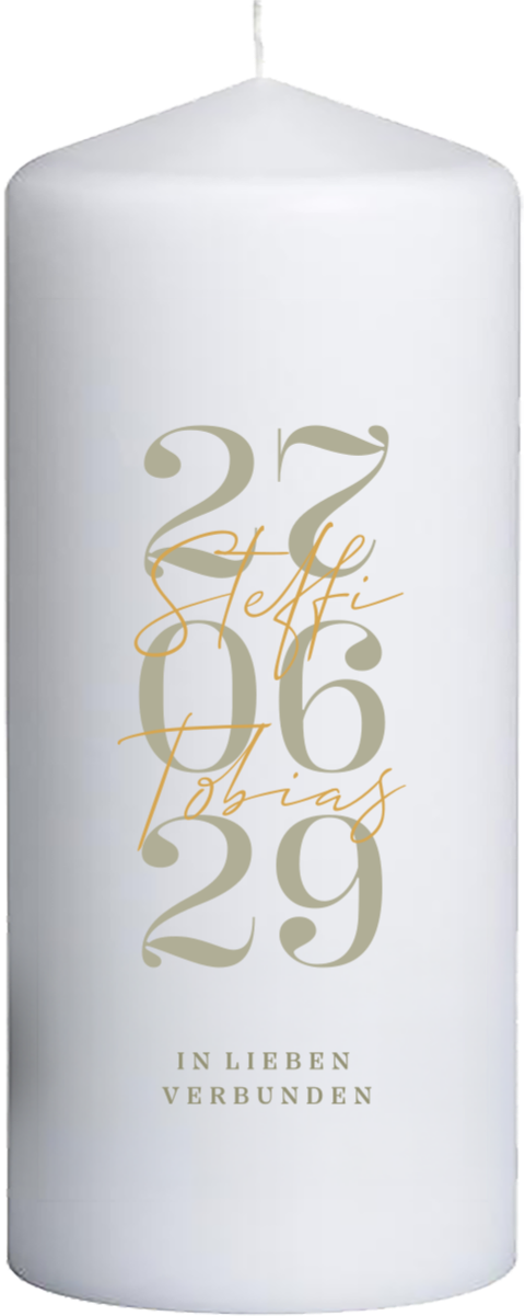 Hochzeitskerze mit Schrift in Grün und Beige 20 cm lang, Ø8 cm