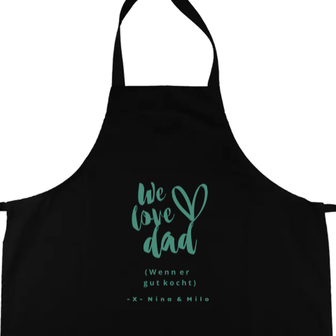 Personalisierte Kochschürze zum Vatertag "We Love Dad" in Türkis