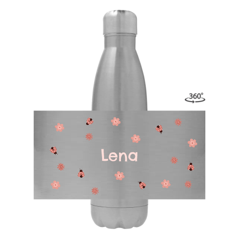 Trinkflasche aus Edelstahl mit Name, Blumen und Marienkäfern