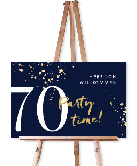 Willkommensschild zum 70. Geburtstag in Blau mit goldgelben Farbklecksen