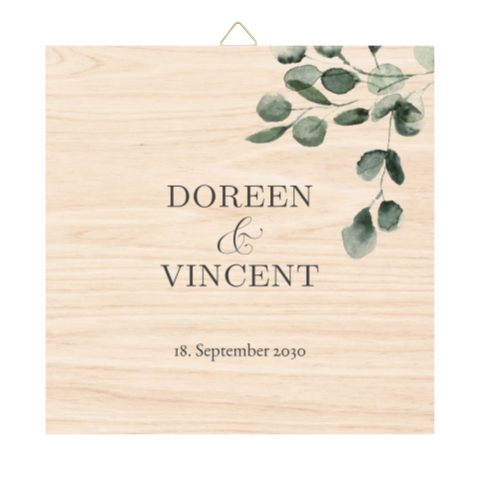 Holzfliese zur Hochzeit mit Eukalyptus