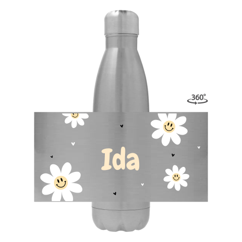 Trinkflasche aus Edelstahl mit Name und fröhlichen Blumen