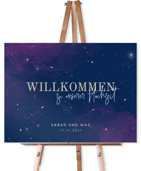 Willkommensschild mit Wasserfarben-Sternenhimmel und goldenen Monden