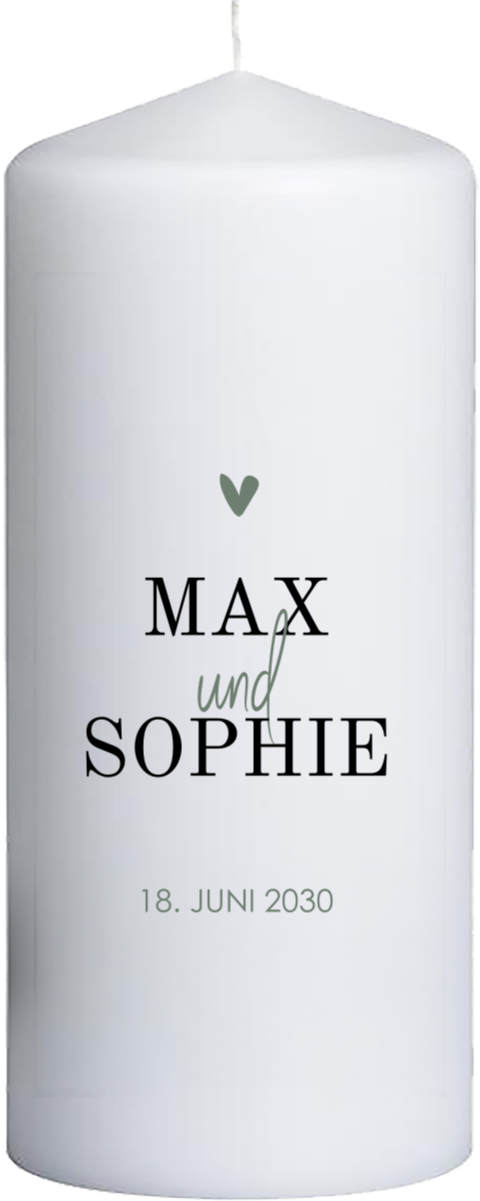 Hochzeitskerze mit stilvoller Schrift und Herzchen 15 cm lang, Ø6 cm