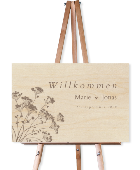 Schlichtes Willkommensschild zur Hochzeit mit Schleierkraut Holz