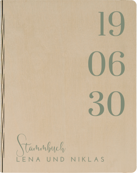 Stammbuch Hochzeit Holz mit Schrift in Grün