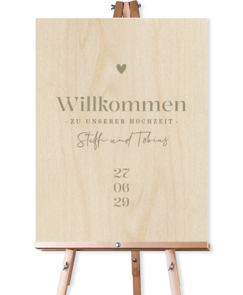 Willkommensschild Hochzeit aus Holz mit Schrift in Grün