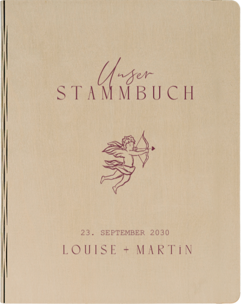 Stammbuch aus Holz zur Hochzeit im Rokoko-Stil mit Cupido