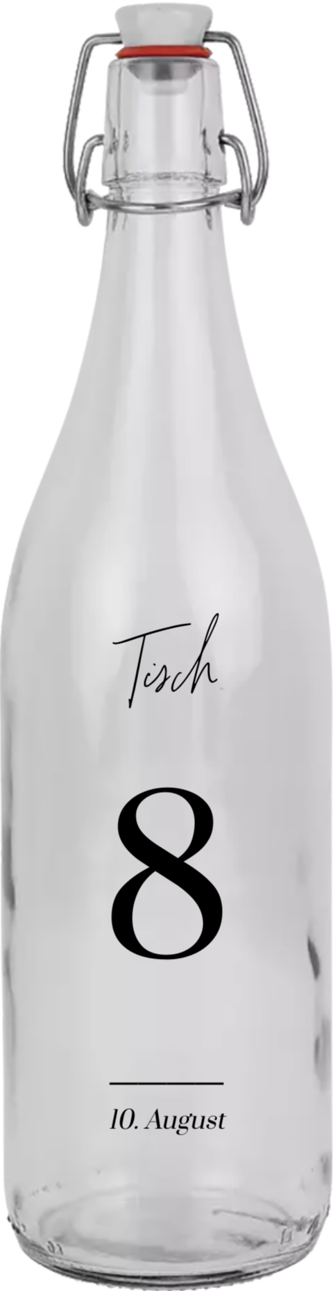 Klassische Bügelflasche mit Schrift und großer Ziffer als Tischnummer