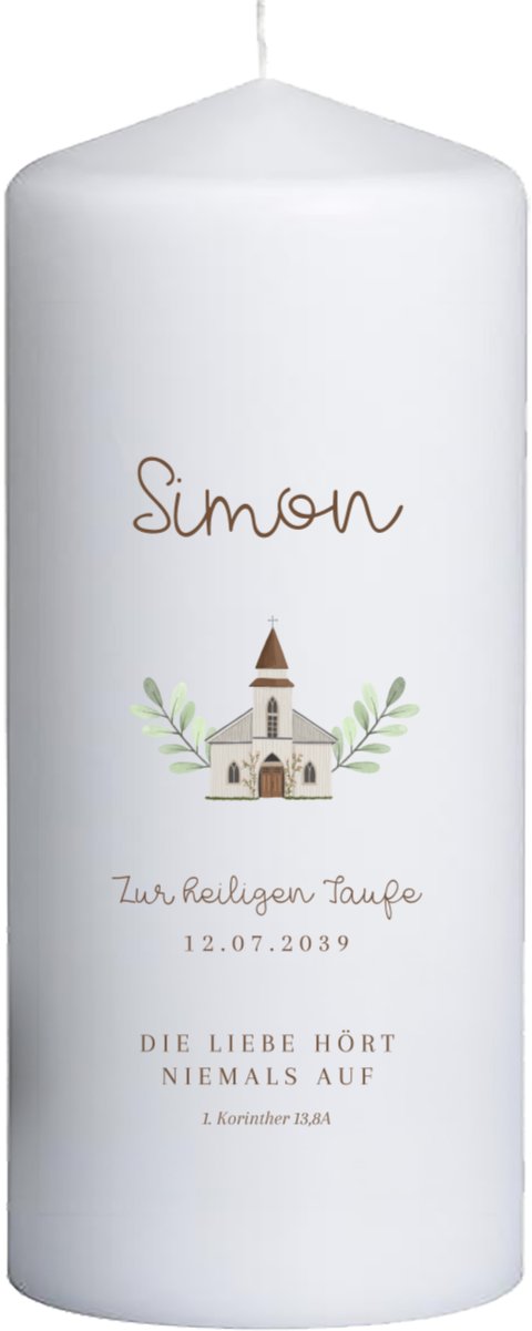Taufkerze mit Kirche & Zweigen, 20 cm hoch, 8 cm Ø