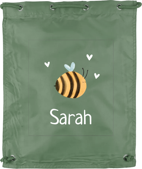 Sportbeutel mit Namen und froher Biene