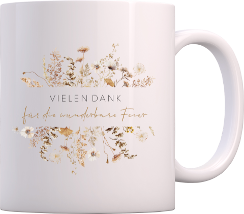 Florale Tasse im Vintage-Look als Danksagung zur Hochzeit mit Blumen