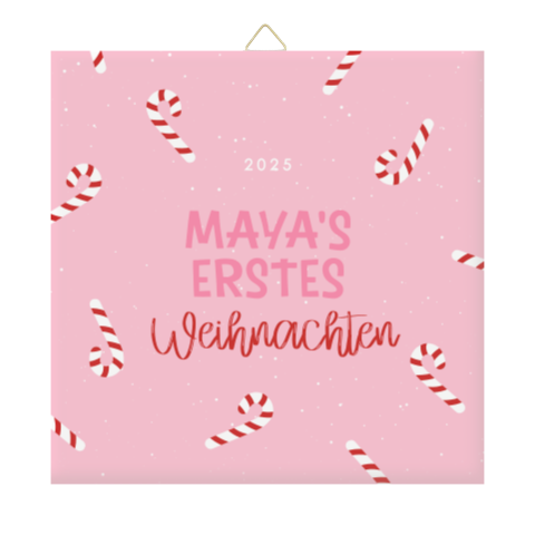 Fotofliese Babys erstes Weihnachten in Rosa mit Zuckerstangen