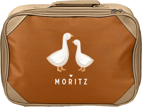 Fröhlicher Kinderkoffer mit Namen, Gänsen und Herzen