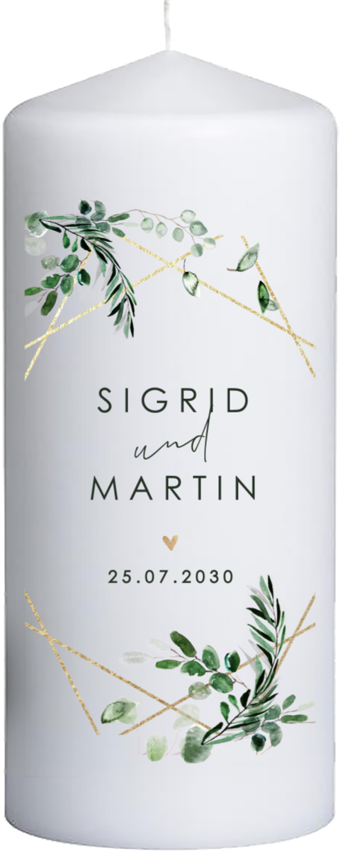 Hochzeitskerze geometrische Linien und Blättern - 20 cm hoch, 8 cm Ø
