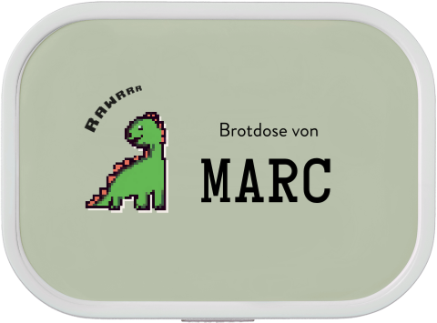 Lunchbox Campus mit Pixel-Dinosaurier und Namen