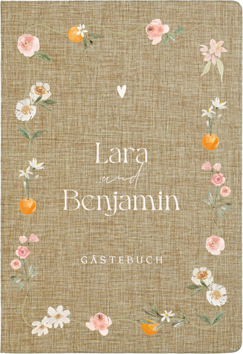 Gästebuch aus Leinen mit sommerlichen Blumen und Orangen