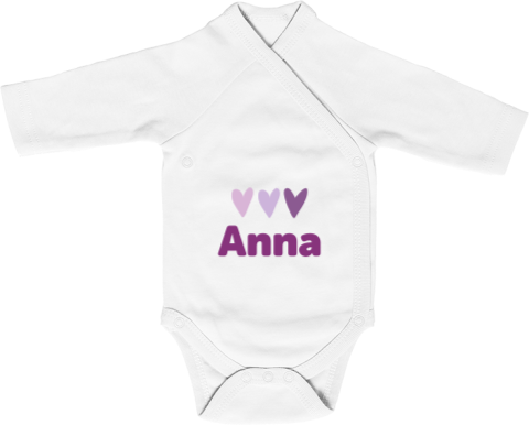 Baby-Body langarm mit Name und Herzchen in Lilatönen