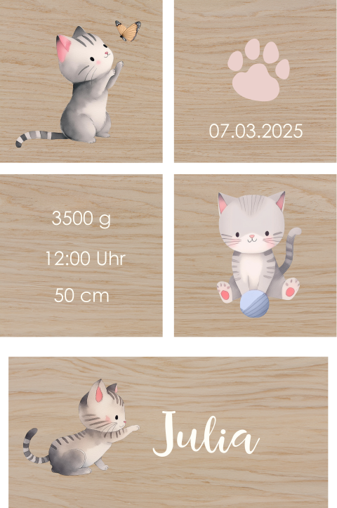 Spielzeug aus Holz mit niedlicher Katze und Pfotenabdruck