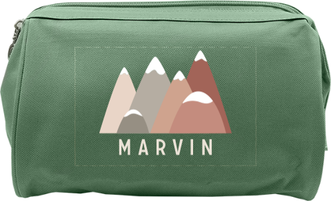 Schöne Kulturtasche mit Namen und schneebedeckten Bergen