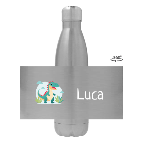Trinkflasche aus Edelstahl mit Name und Dino