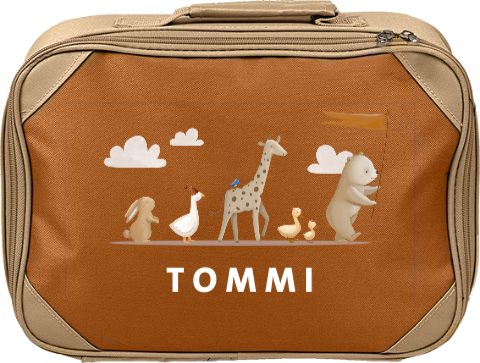 Abenteuerlicher Kinderkoffer mit Namen und Tierparade