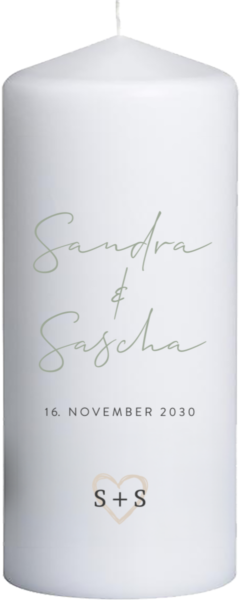 Hochzeitskerze geschwungene Schrift und Herz - 20 cm hoch, 8 cm Ø