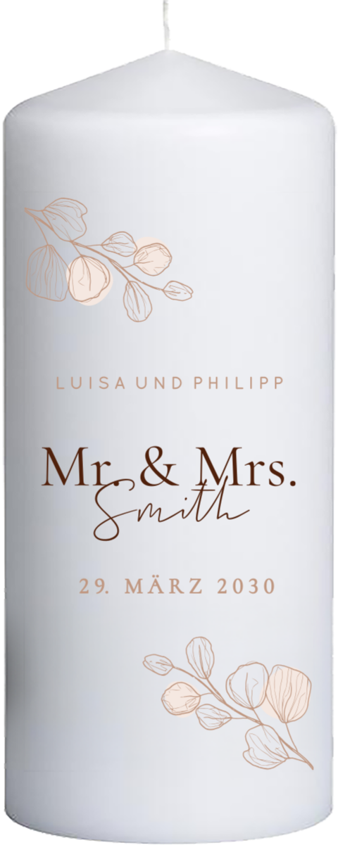 Hochzeitskerze mit filigranen Zweigen mit Namen - 20 cm hoch, 8 cm Ø