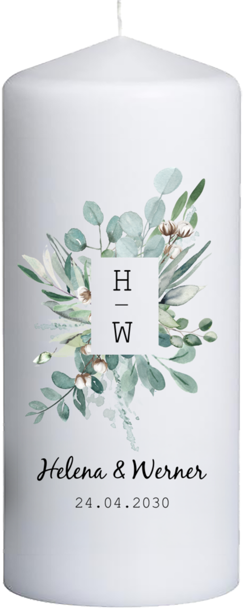 Hochzeitskerze Eukalyptus und Monogramm – 20 cm hoch, 8 cm Ø