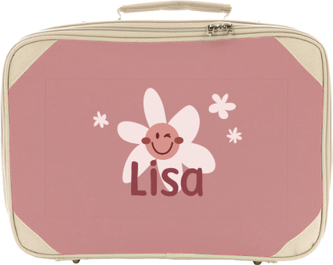 Schlichter Kinderkoffer mit lächelnder Blume und Namen