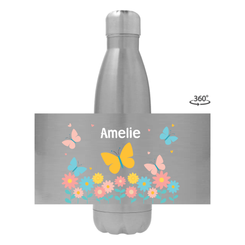 Trinkflasche aus Edelstahl mit Name, Schmetterlingen und Blumen