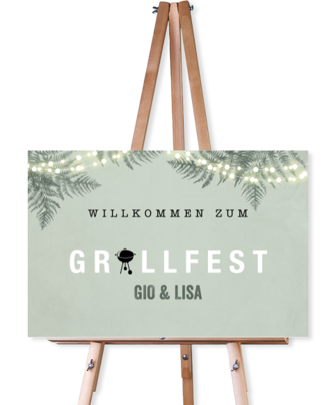 Grillfest-Willkommensschild mit Zweigen und Lämpchen