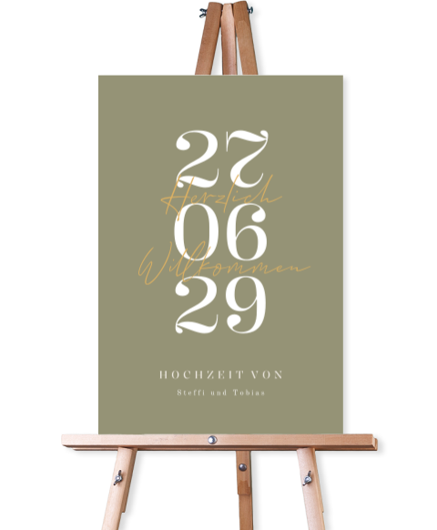Willkommensschild Hochzeit in Grün mit großem Datum