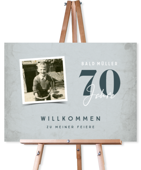 Willkommensschild für 70sten Geburtstag im Querfomat mit Foto